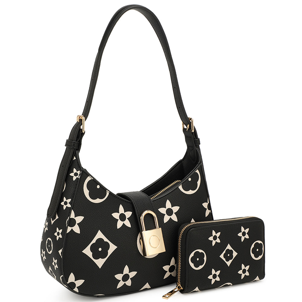2IN1 PRINTED DESIGN KEY LOCK SHOULDER BAG W WALLET SET