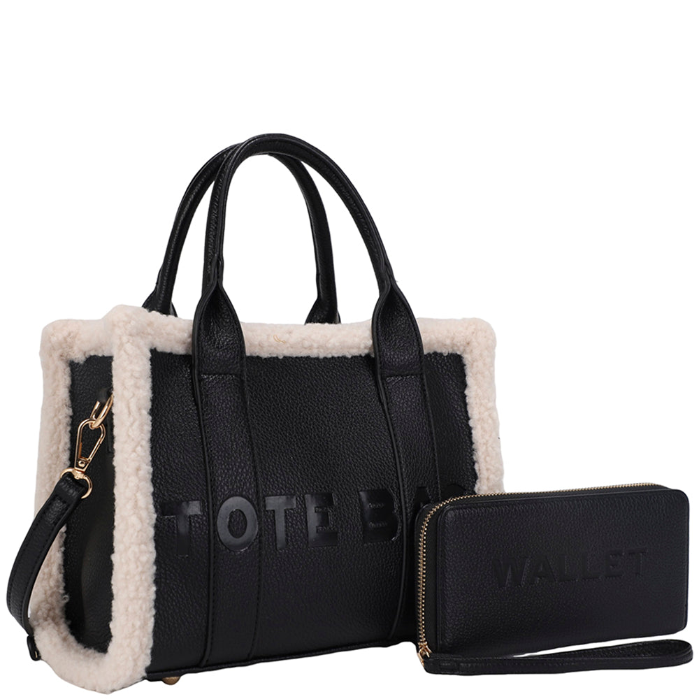 2In1 Fur Design Texture Tote Bag W Wallet Set