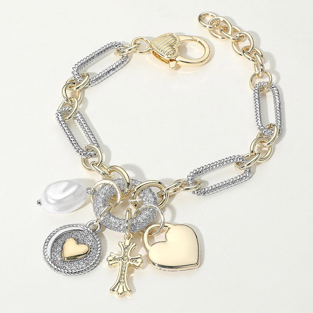 DYI Paved Heart Medallion Cross Pearl Charm Chunky Oval Chain Bracelet