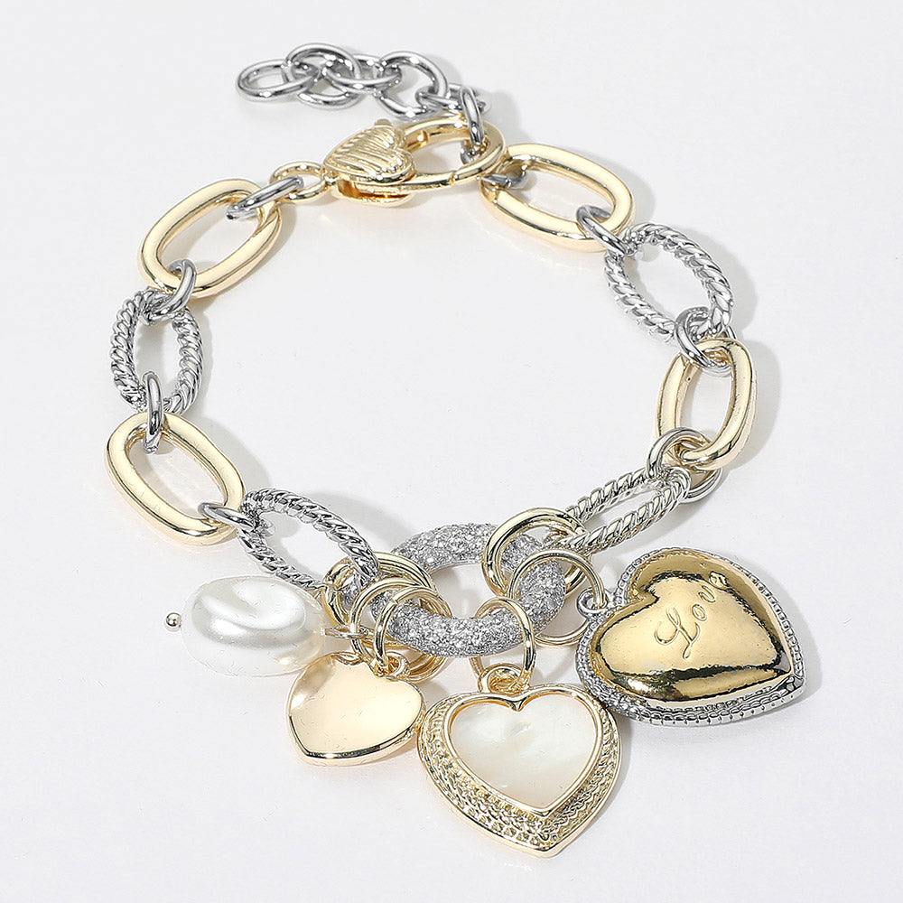 DYI Two Tone Paved Ring Mother of Pearl Heart LOVE Oval Pearl Charm Accent Chain Link Bracelet