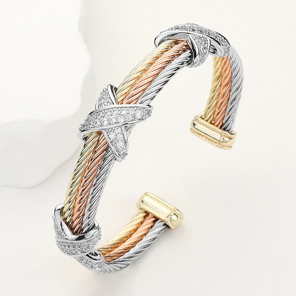 DYI Tri Tone Paved Crisscross Pointed Cuff Bracelet