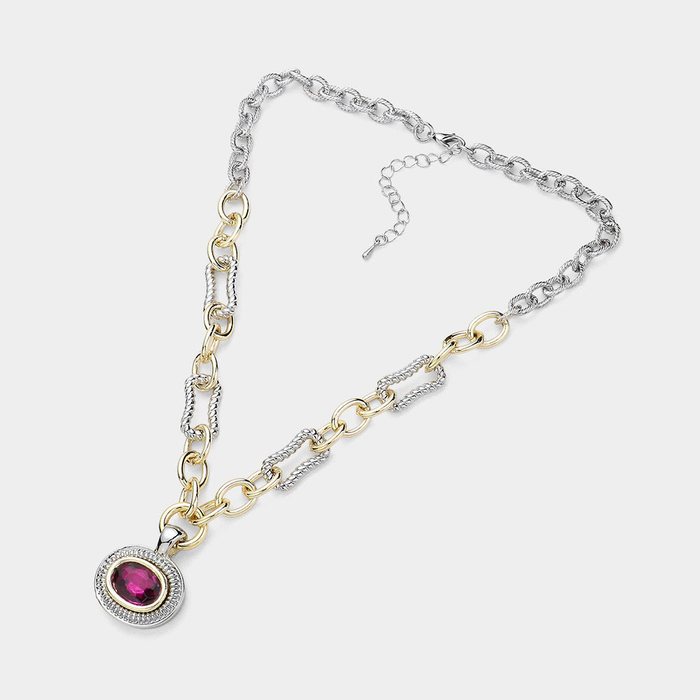 DYI Amethyst Oval Stone Cluster Pendant Two Tone Chunky Chain Necklace