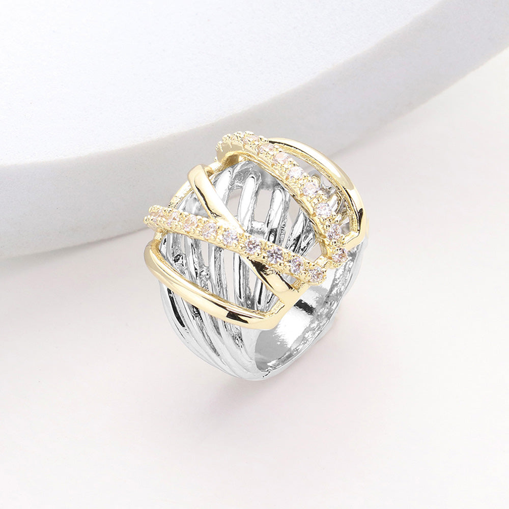DYI Paved Two Tone Intertwined Crisscross Ring