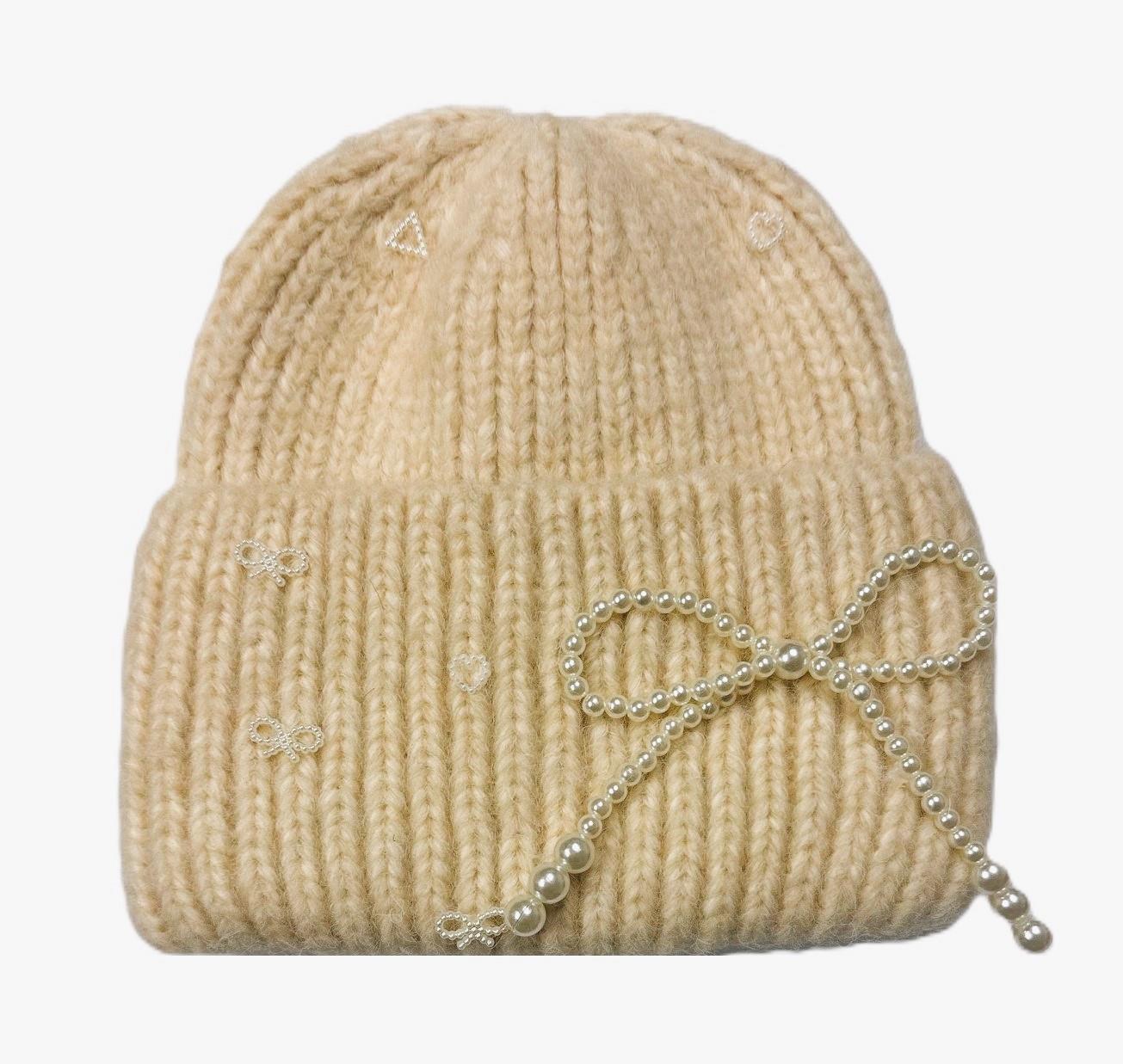 Pearl Ribbon Bow Beanies