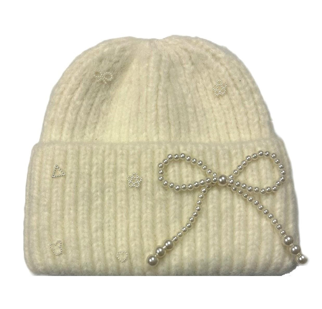 Pearl Ribbon Bow Beanies