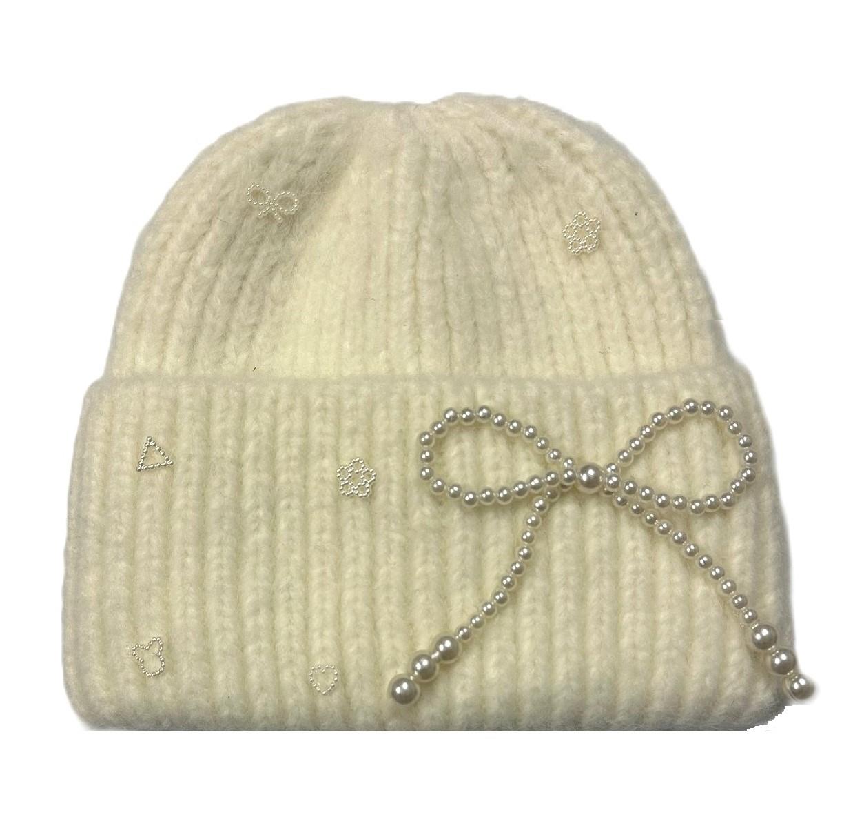 Pearl Ribbon Bow Beanies
