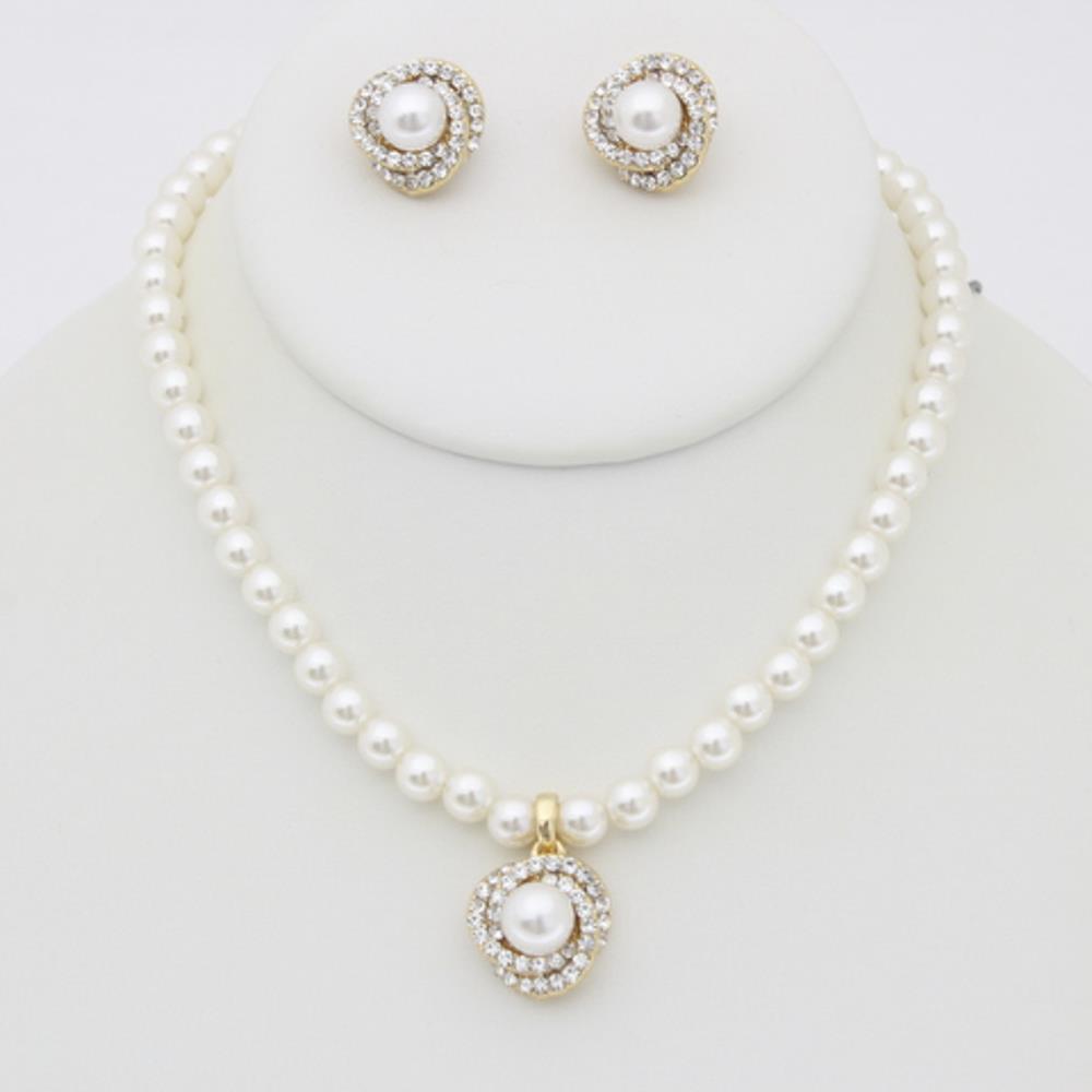 RHINESTONE PEARL PENDANT NECKLACE EARRING SET