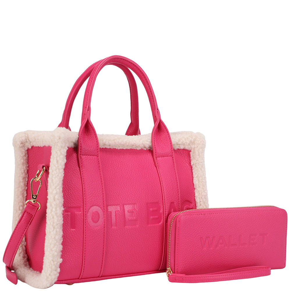 2In1 Fur Design Texture Tote Bag W Wallet Set
