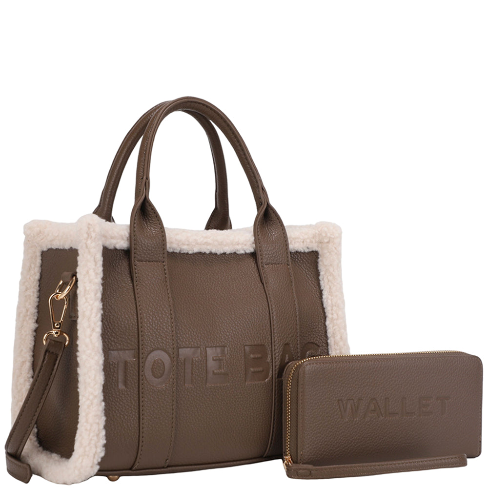 2In1 Fur Design Texture Tote Bag W Wallet Set