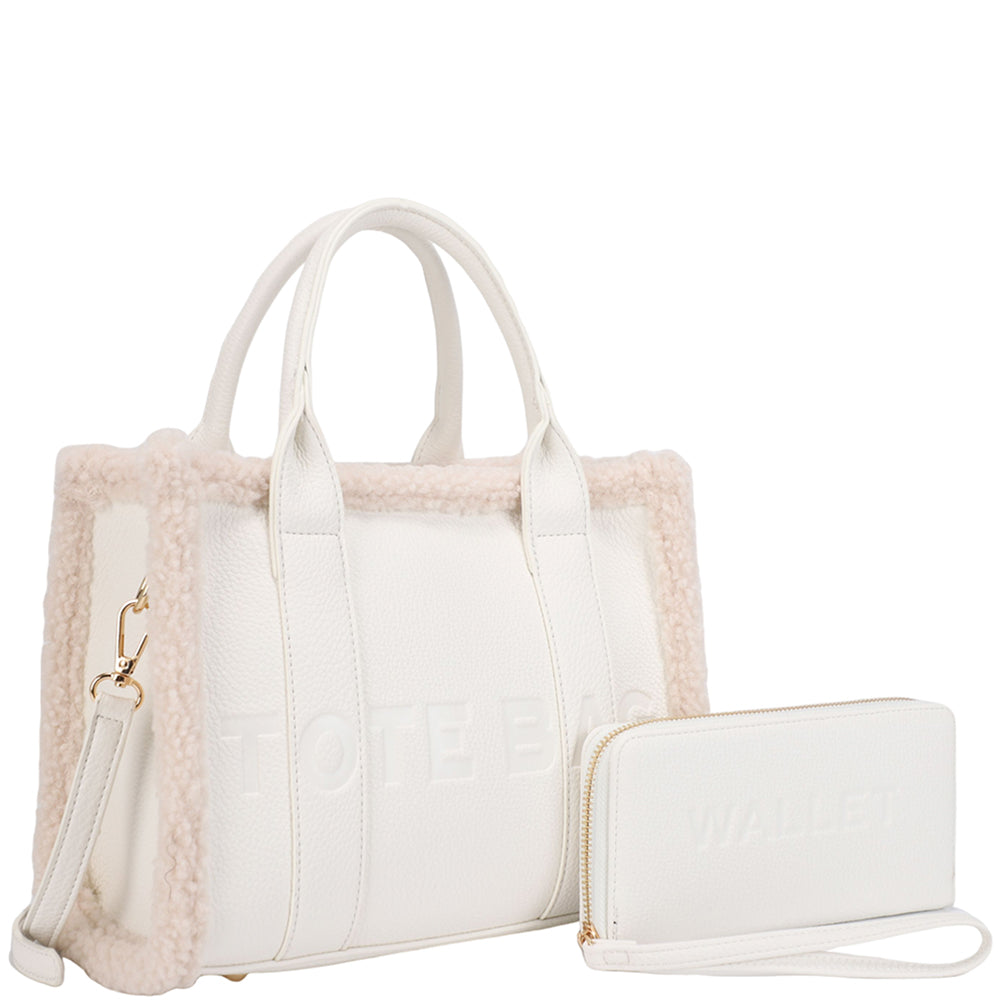 2In1 Fur Design Texture Tote Bag W Wallet Set