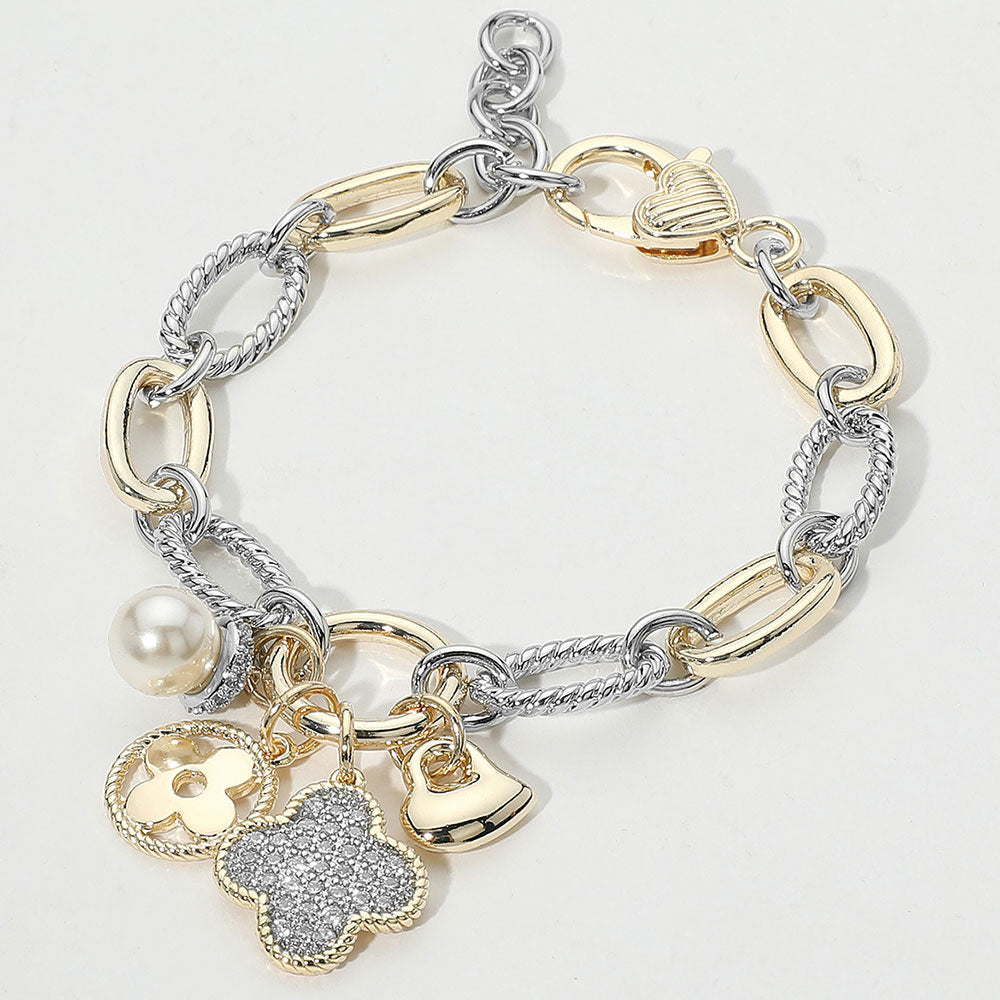 DYI 14K Gold Plated Two Tone CZ Stone Paved Quatrefoil Heart Pearl Charm Accent Bracelet