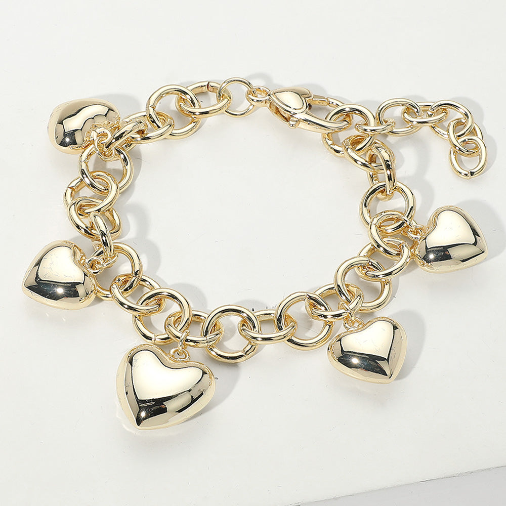 DYI 14K Gold Plated Puffy Heart Charm Station Bracelet