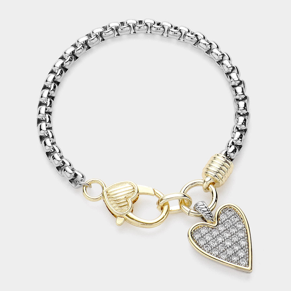 DYI 14K Gold Plated CZ Stone Paved Heart Charm Pointed Bracelet