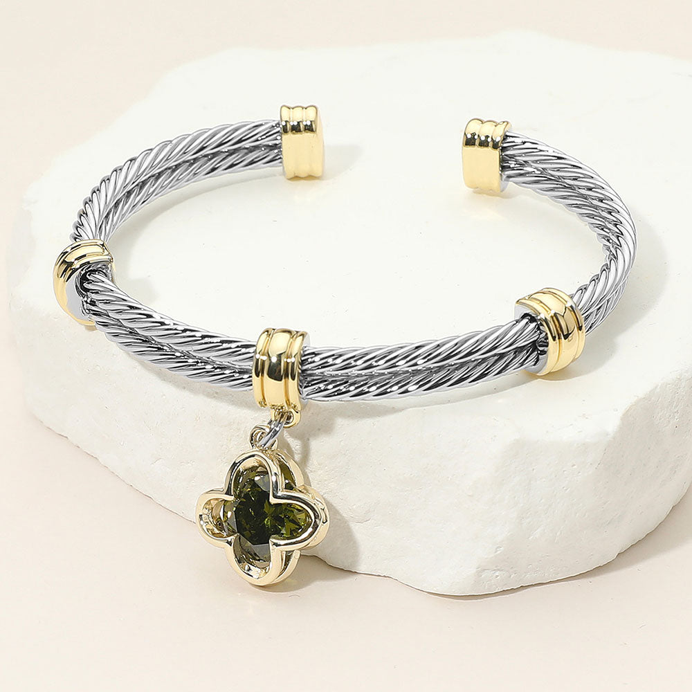 DYI CZ Stone Quatrefoil Charm Dangle Cuff Bracelet