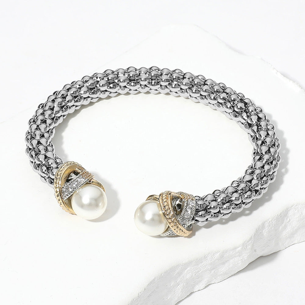 DYI CZ Stone Paved Crisscross Bar Pearl Tip Bubble Cuff Bracelet