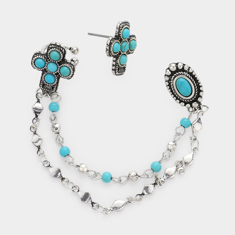 2PCS - Natural Stone Embellished Cross Ear Cuff Earrings