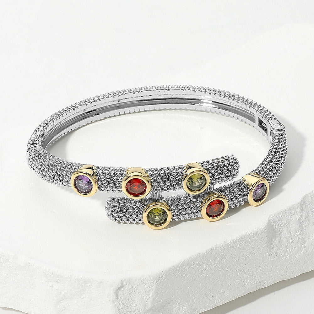 DYI 14K Gold Plated Colorful CZ Stone Bezel Embellished Hinged Bangle Bracelet