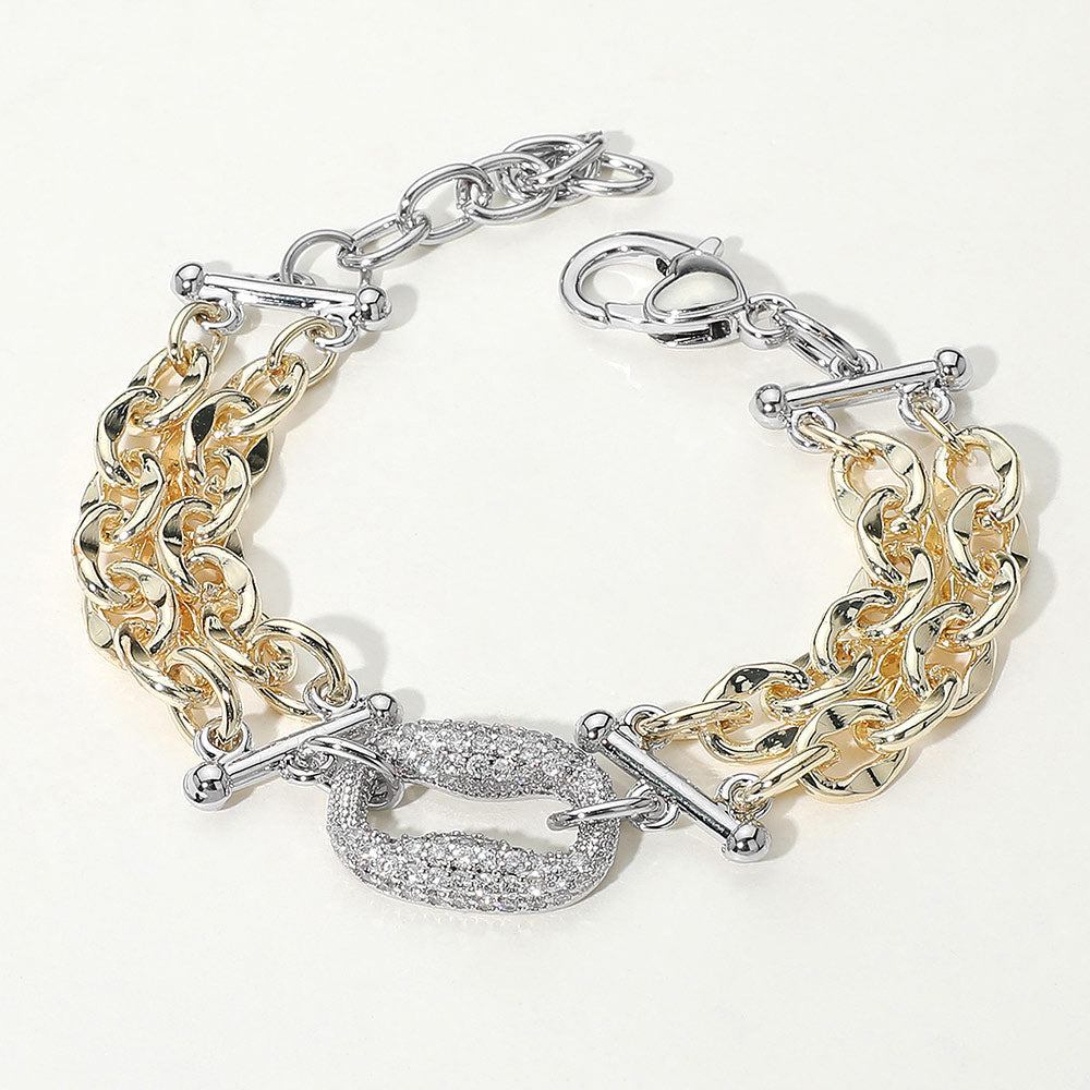 DYI Two Tone Paved Plate Accent Double Chain Bracelet