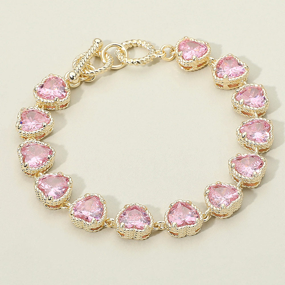 DYI 14K Gold Plated CZ Heart Stone Cluster Link Toggle Bracelet