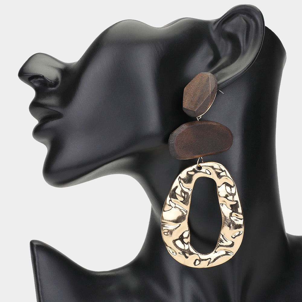 Oversized Abstract Wooden Hammered Oval Link Dropdown Dangle Earrings