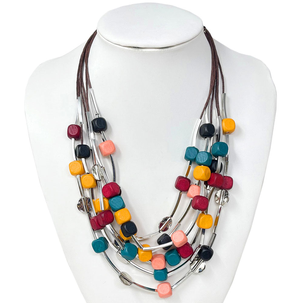 Wooden Cube Beaded Layered Statement Necklace