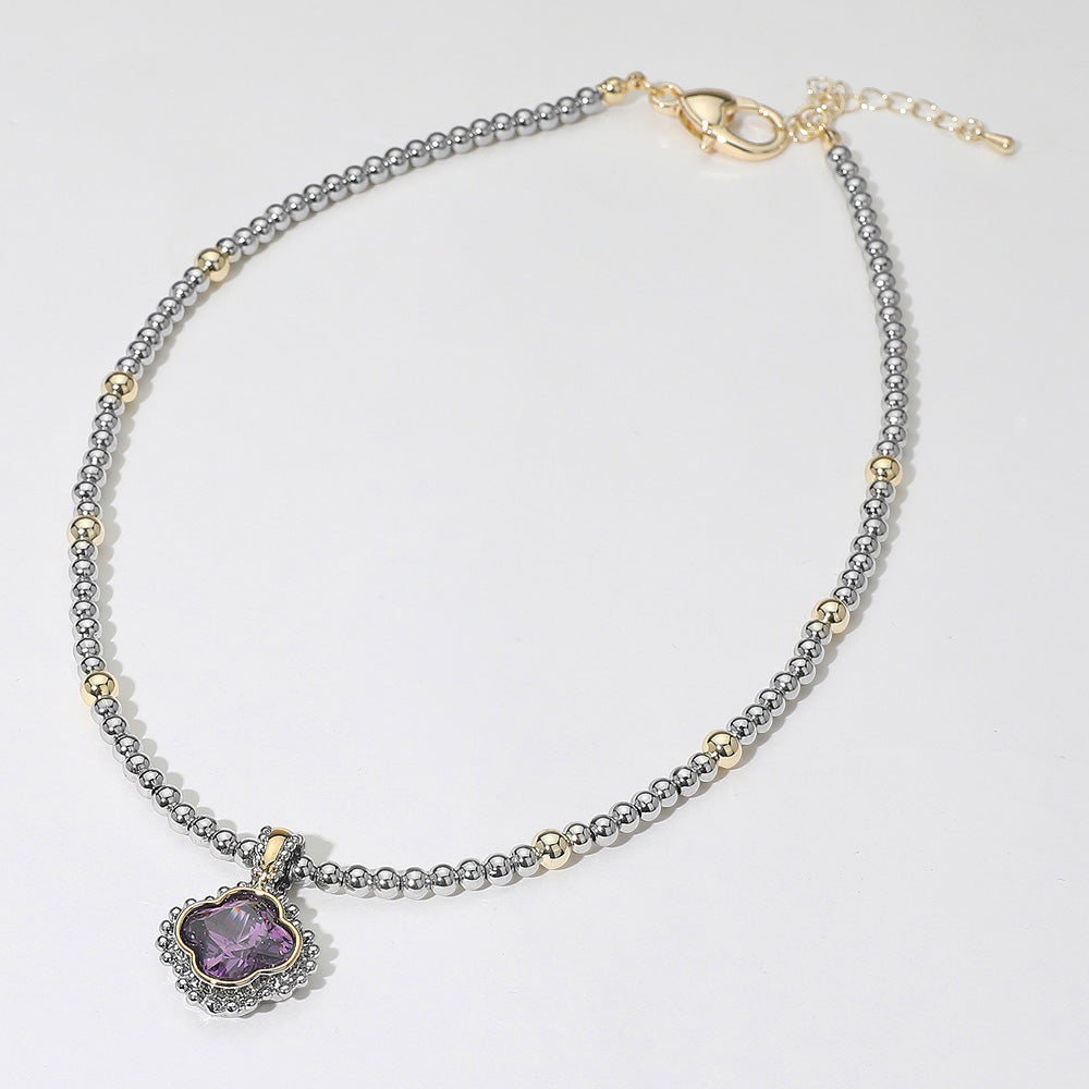 DYI 14K Gold Plated CZ Quatrefoil Pendant Accent Two Tone Ball Beaded Necklace