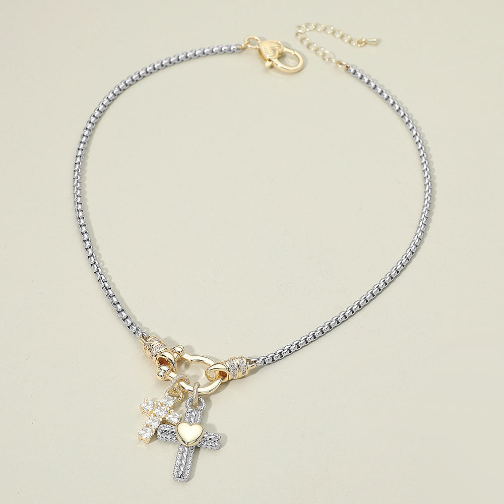 DYI 14K Gold Plated CZ Stone Cross Two Tone Heart Cross Horsebit Carabiner Charm Necklace