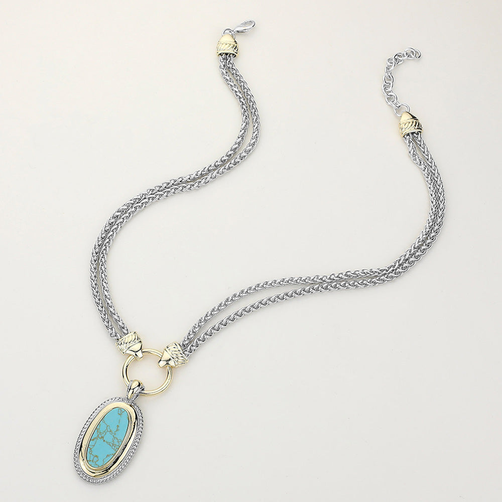 DYI Oval Natural Turquoise Stone Pendant Double Chain Necklace