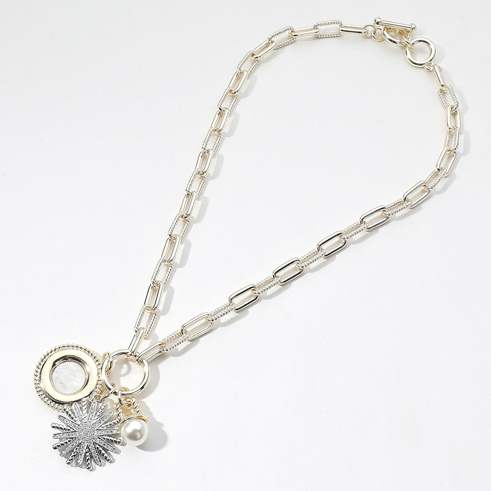 DYI Paved Starburst Pearl Mother Of Pearl Medal Pendant Two Tone Textured Chunky Paperclip Chain Necklace