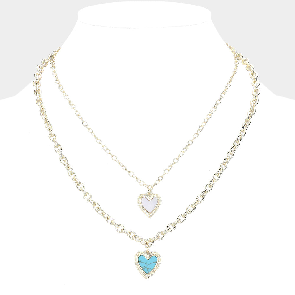 DYI Mother of Pearl Turquoise Heart Charm Layered Necklace