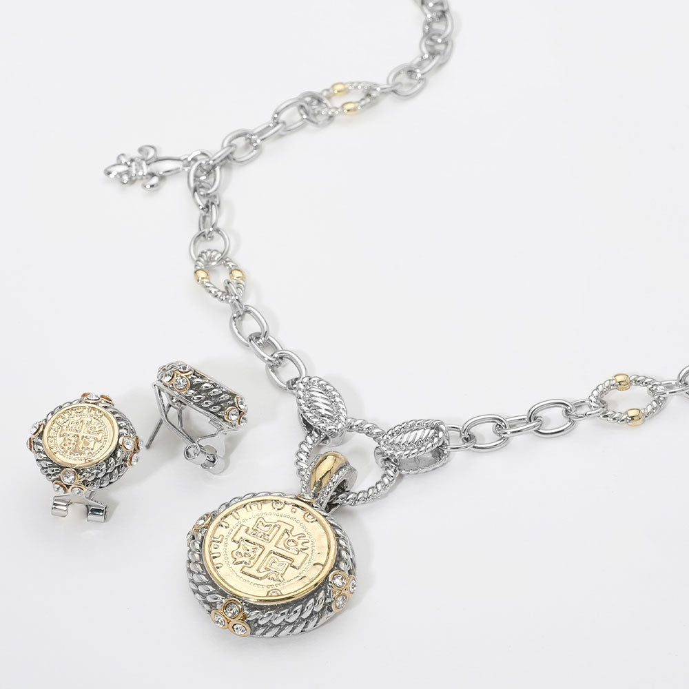 DYI Two Tone Fleur de Lis Charm Antique Cross Embossed Coin Pendant Necklace