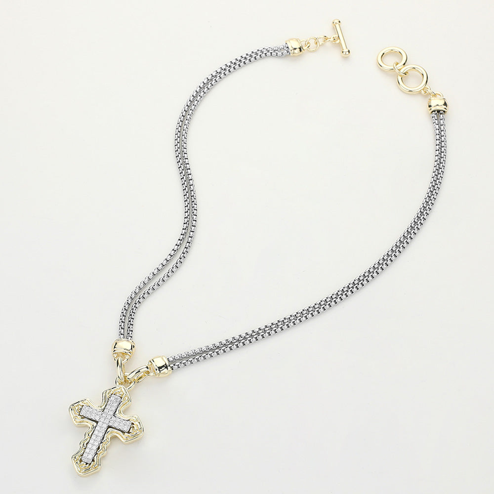 DYI Paved Cross Pendant Double Chain Necklace