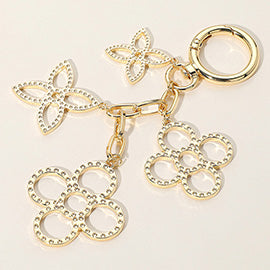 Multi Textured Metal Flower Clover Drop Charm Keychain / Bag Charm