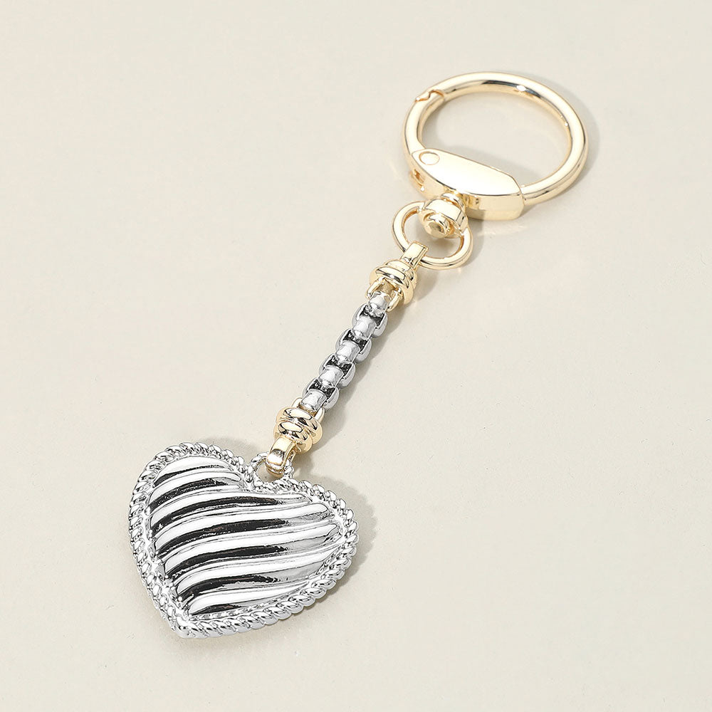 14K Gold Plated Two Tone Textured Heart Drop Keychain Bag Charm