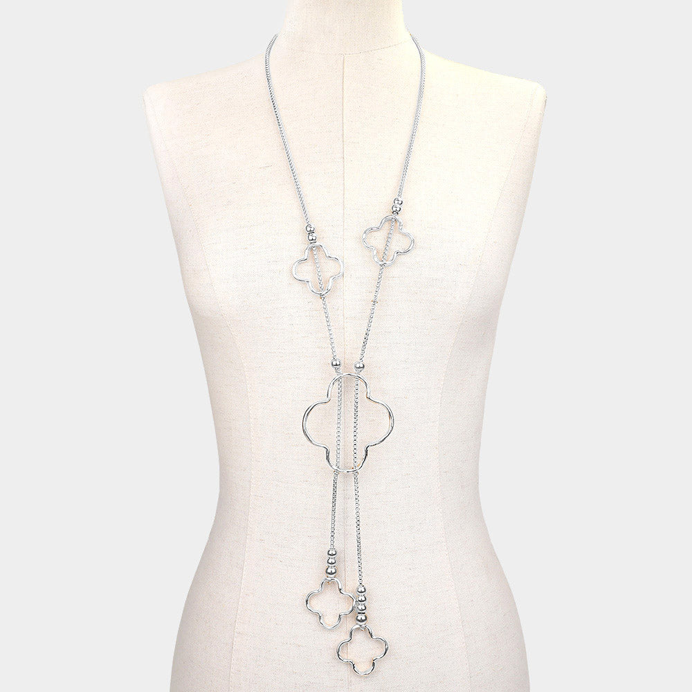 DYI Hammered Metal Open Quatrefoil Long Necklace
