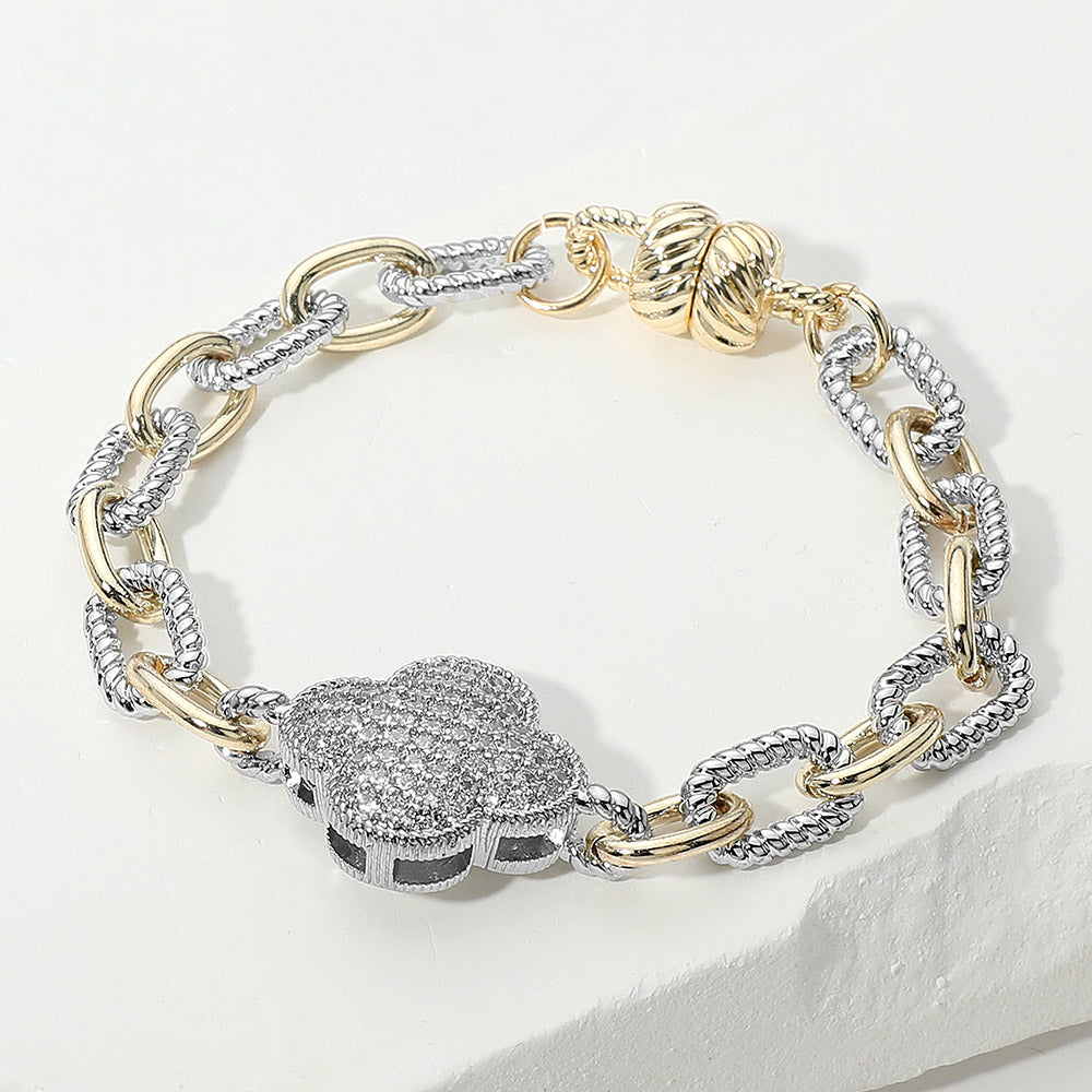 DYI Paved Quatrefoil Charm Accent Two Tone Chain Magnetic Bracelet
