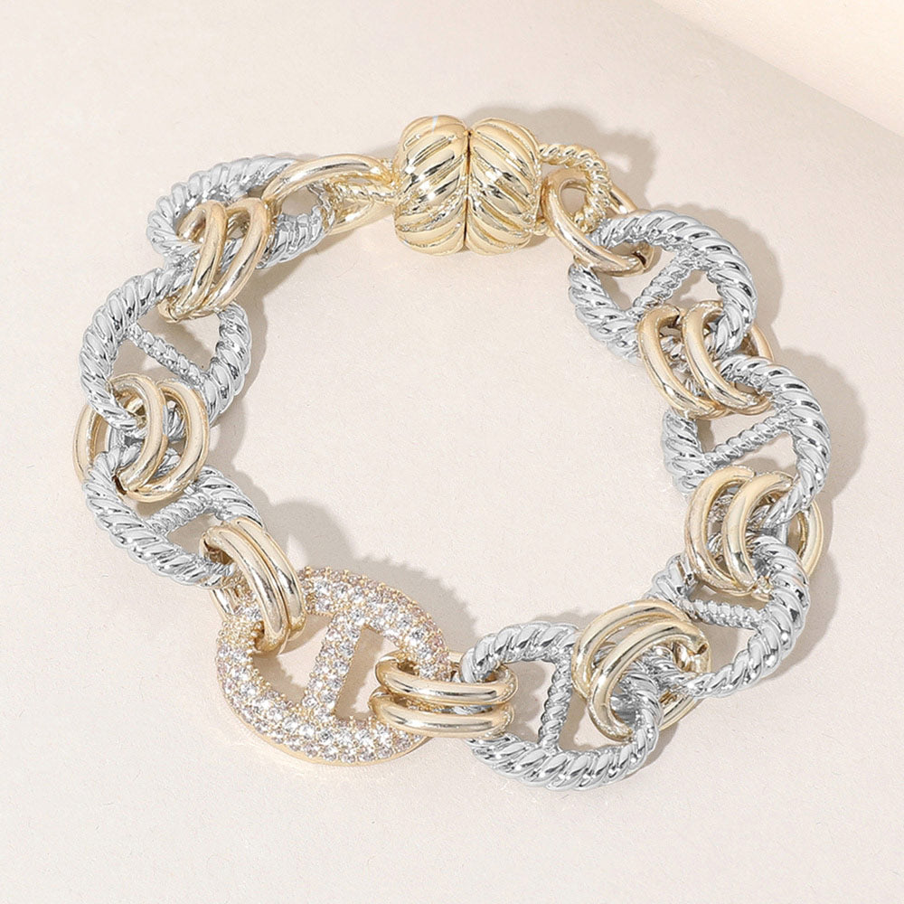DYI 14K Gold Plated CZ Stone Paved Link Magnetic Bracelet