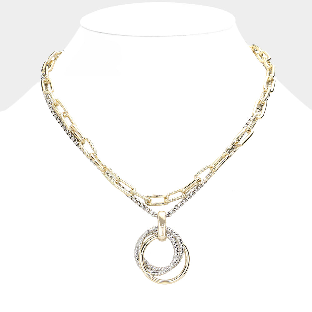 DYI Triple Open Metal Circle Link Pendant Double Layered Toggle Necklace