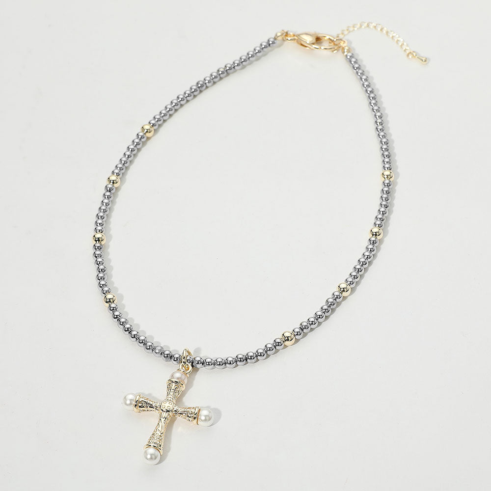 DYI Two Tone Beaded Chain Pearl Tip Cross Pendant Necklace