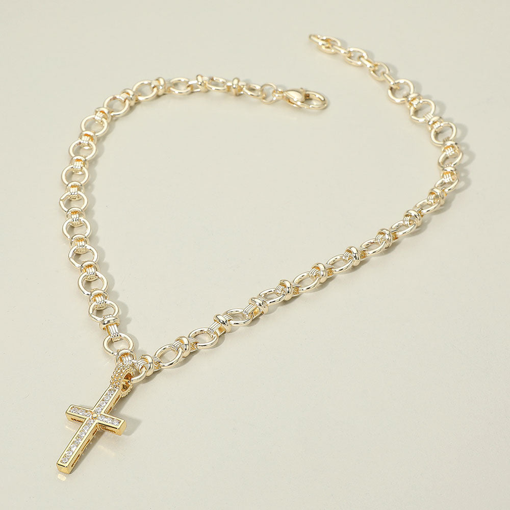 DYI 14K Gold Plated CZ Stone Paved Cross Pendant Chunky Circle Link Chain Necklace