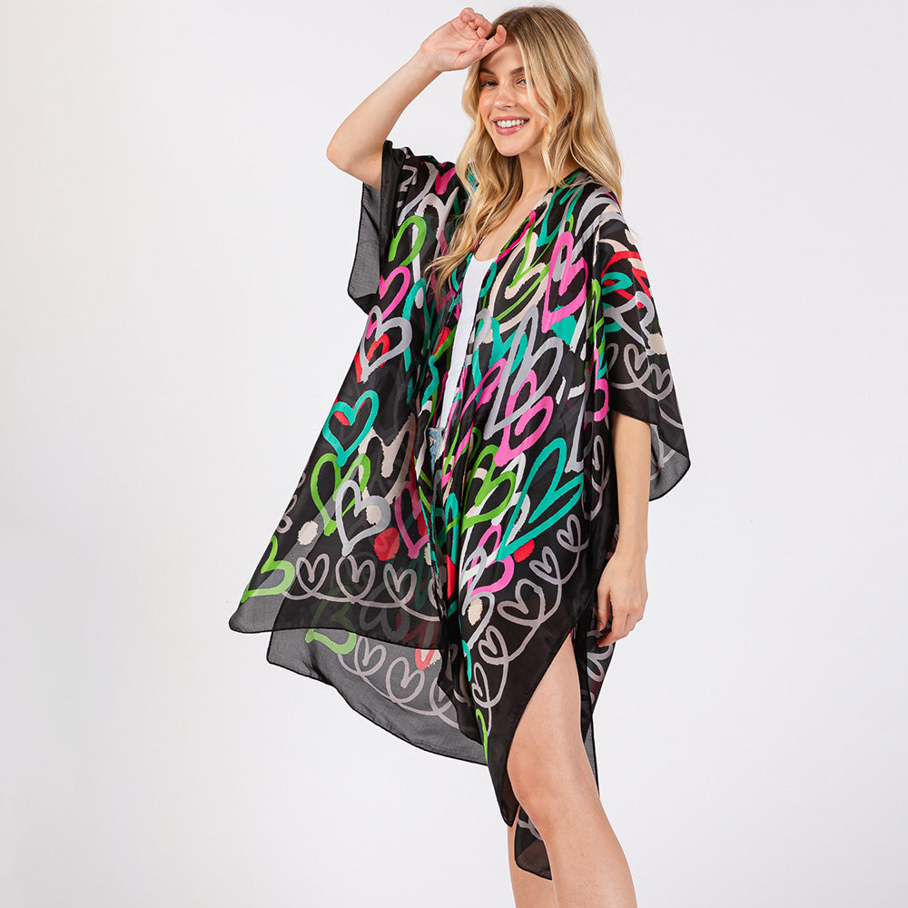 Multicolored Heart Print Kimono Poncho
