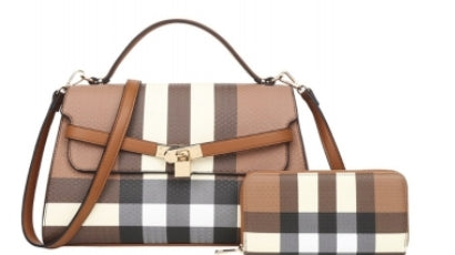 2in1 Plaid Handle Satchel Bag with Wallet Set