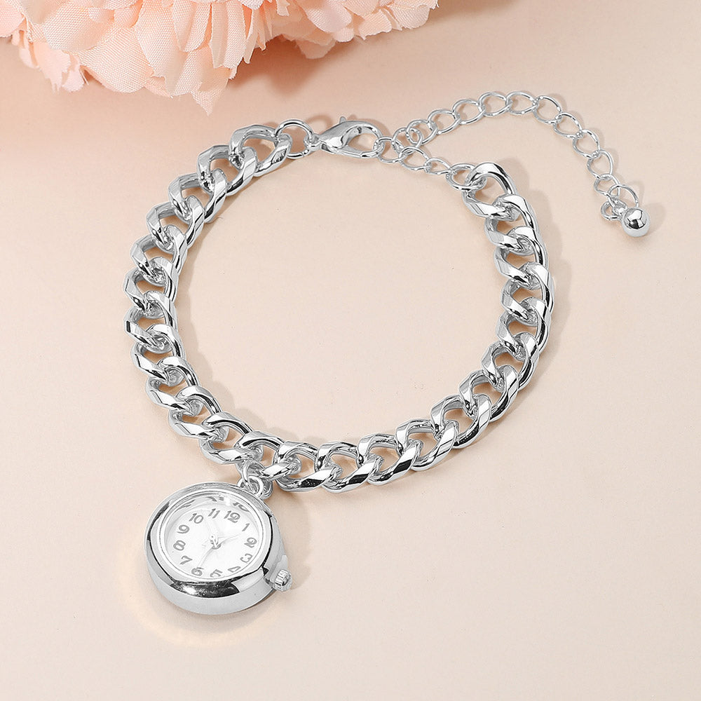Silver Dipped Round Watch Charm Classic Chain Bracelet